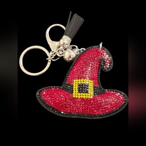Red Witch Hat Bag Charm Keychain with Rhinestones